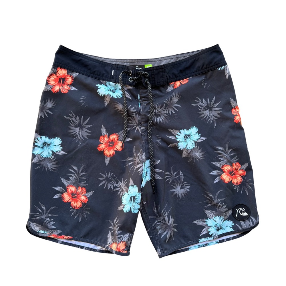Quiksilver Men's Board Shorts - Black with Red and Blue Floral